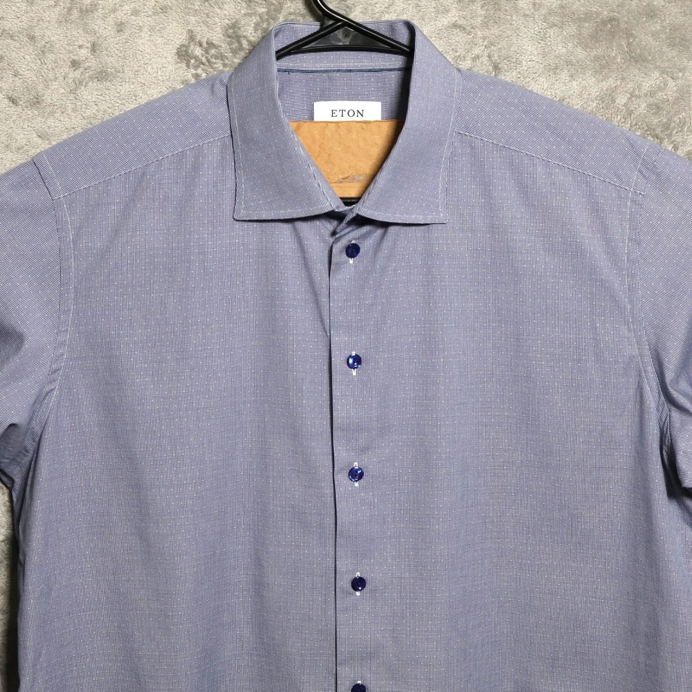 Eton Brighton Shirt Mens 18 Blue Contemporary Fit Dress Micro Check Preppy